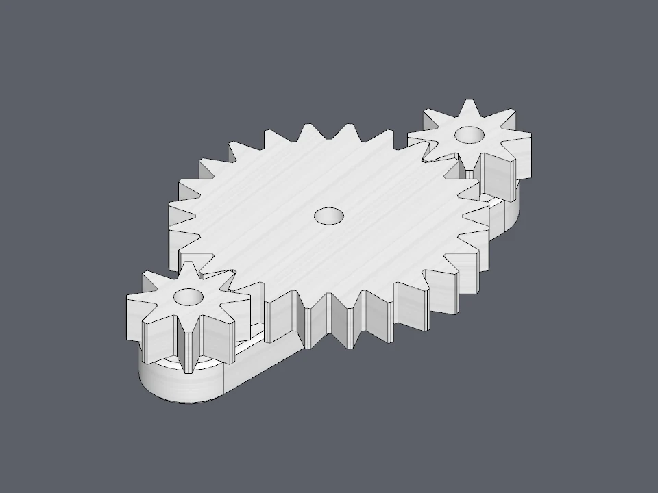 An 8, a 24 and an 8 tooth gear on a plate: each pair is 20 mm apart, two grid cells, so all three sit on holes.